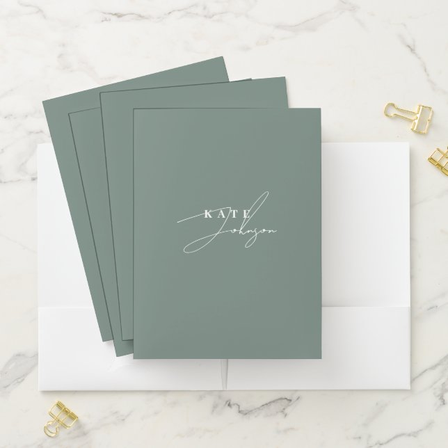Stylish Sage Green Signature Script Monogram Pocket Folder (In Situ)