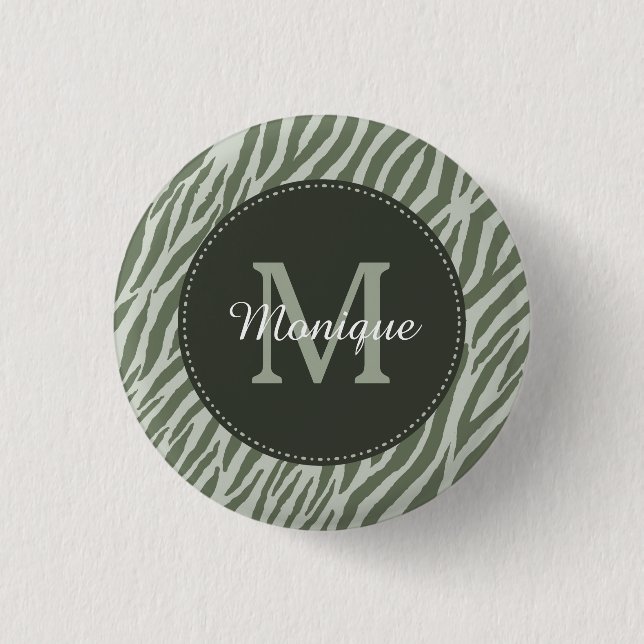 Stylish Sage Green Zebra Print Monogram and Name Pinback Button (Front)