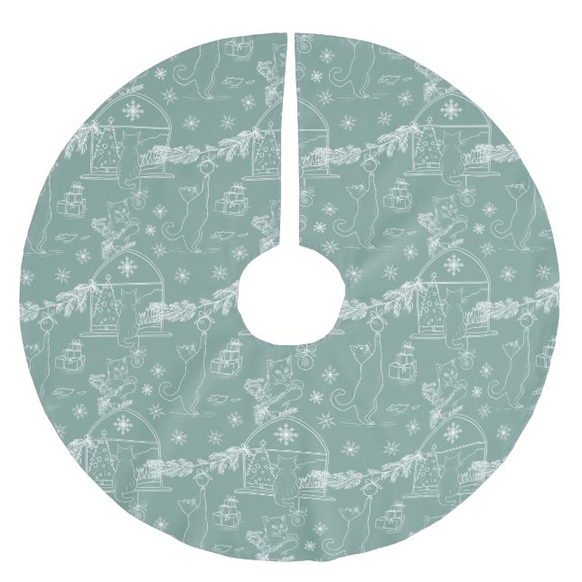 Stylish sage Hand drawn cats & Christmas tree  Brushed Polyester Tree Skirt (Front)