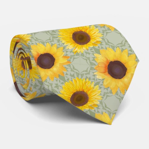 Stylish Sage Yellow  Watercolor Sunflower Pattern  Neck Tie