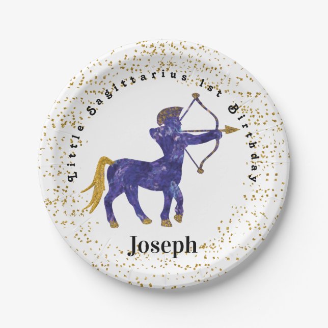 Stylish Sagittarius 1st Birthday & Gold Confetti  Paper Plates (Front)