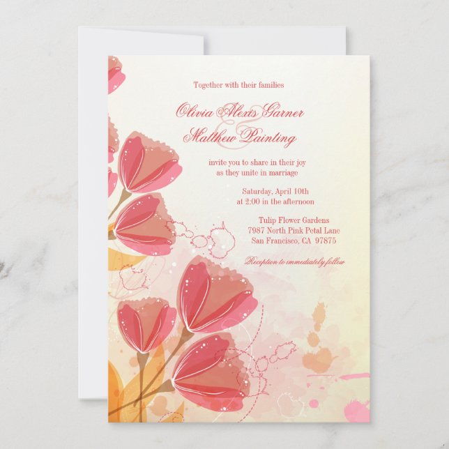 Stylish salmon pink tulips wedding CUSTOM Invitation (Front)