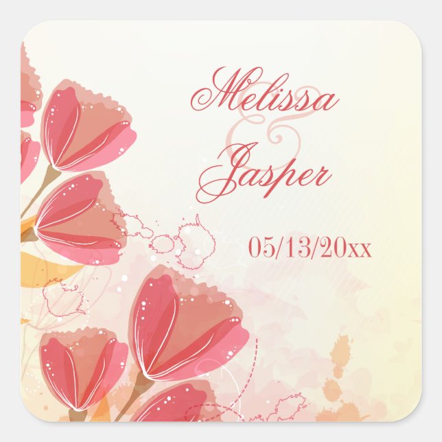 Stylish salmon pink tulips wedding stickers (Front)