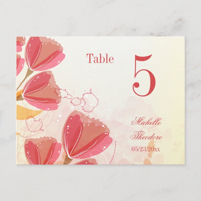 Stylish salmon pink tulips wedding table number (Front)