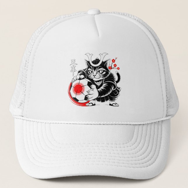 Stylish Samurai Cat Japan Soccer For Fotball fans Trucker Hat (Front)