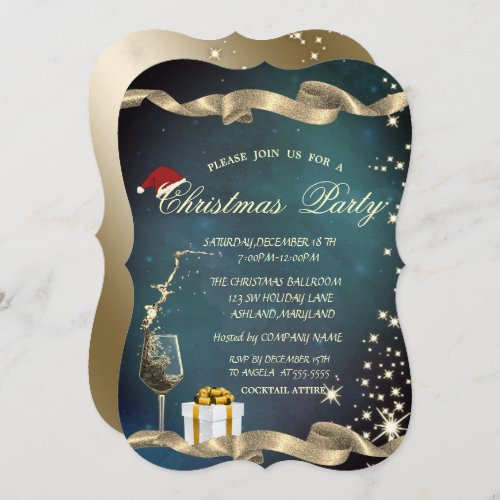 Stylish Santa HatGlassCorporate Christmas Party Invitation