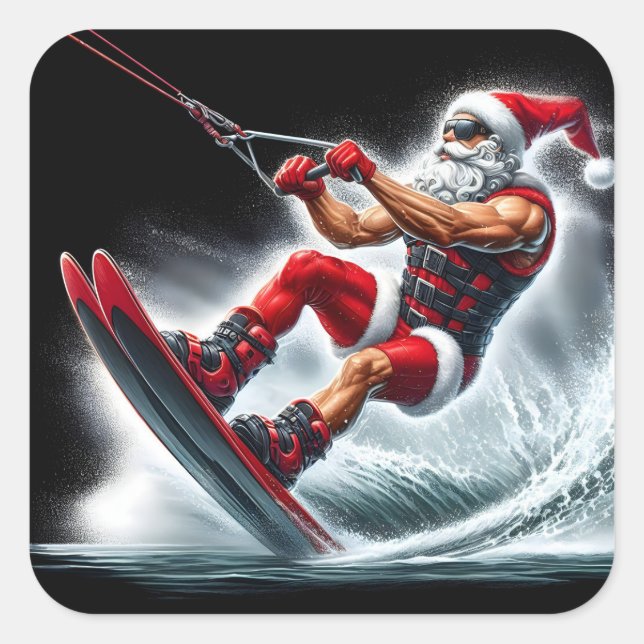 Stylish Santa Water Skiing This Holiday Square Sticker (Front)