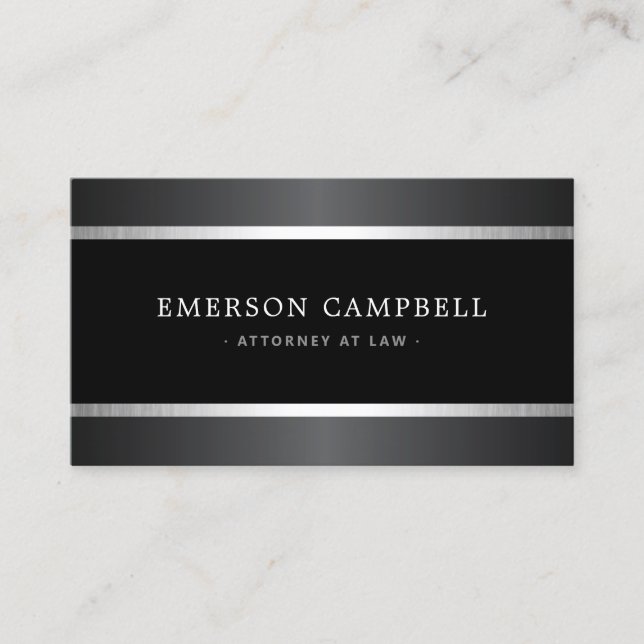 Stylish satin gray and silver borders black business card (Front)