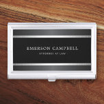 Stylish satin gray and silver borders black business card case<br><div class="desc">Elegant,  black and gray business card holder with your name and title/company name printed on the front. At the top and bottom are printed satin gray and silver gradient borders. White and gray text.</div>