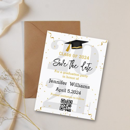 stylish save the date qr code graduation 2024 announcement postcard