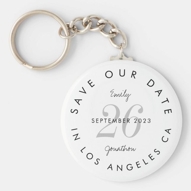 Stylish Save the Date Tinted Day Black Text Names Keychain (Front)