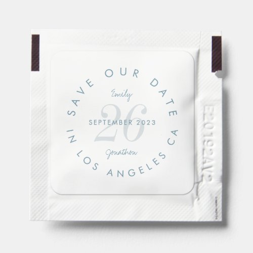 Stylish Save the Date Tinted Day Blue Text Names Hand Sanitizer Packet