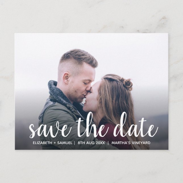 Stylish Save the Date White Custom Photo Overlay Announcement Postcard (Front)