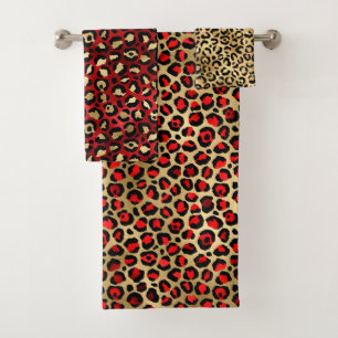 Stylish Scarlet Red and Gold Foil Leopard Spots Bath Towel Set