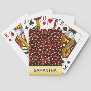 Stylish Scarlet Red and Gold Foil Leopard Spots Poker Cards