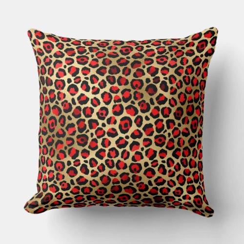 Stylish Scarlet Red and Gold Foil Leopard Spots Throw Pillow
