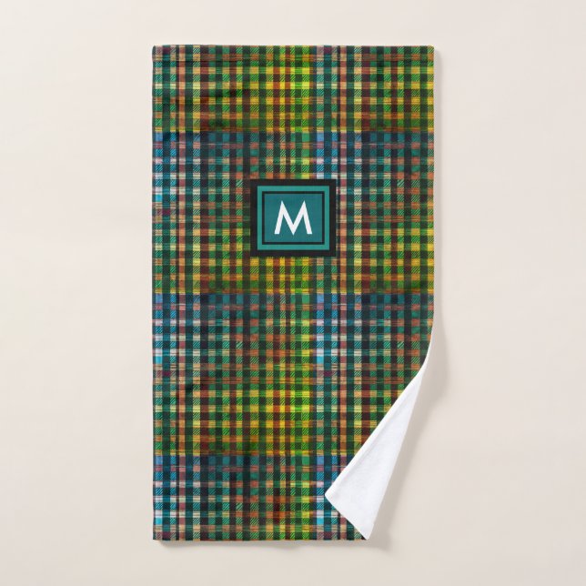 Stylish Scottish Green Tartan Pattern And Monogram Hand Towel (Hand Towel)