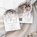 Stylish Script 2 Photos Overlay QR Code Wedding  Invitation<br><div class="desc">Stylish Script 2 Photos Overlay QR Code Arch Wedding Invitation. Add your QR code to your wedding website on the back so your guests can RSVP and see all the details online without the need for separate enclosures. An informal set typography in black for the main heading the Wedding Of...</div>