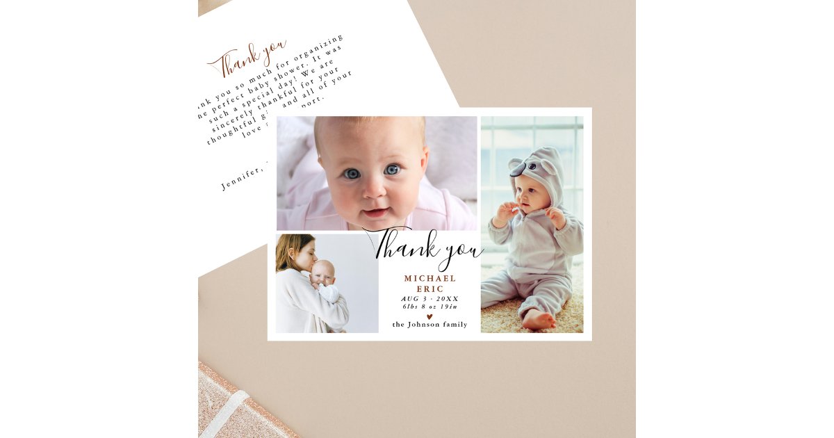 Stylish Script 3 Photo Collage Baby Shower Thank You Card | Zazzle