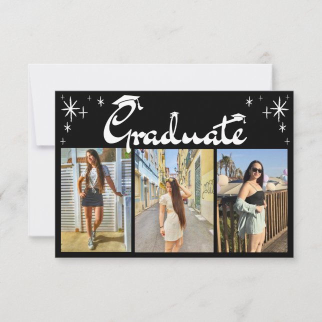 stylish script 3 photos graduation party black invitation (Front)