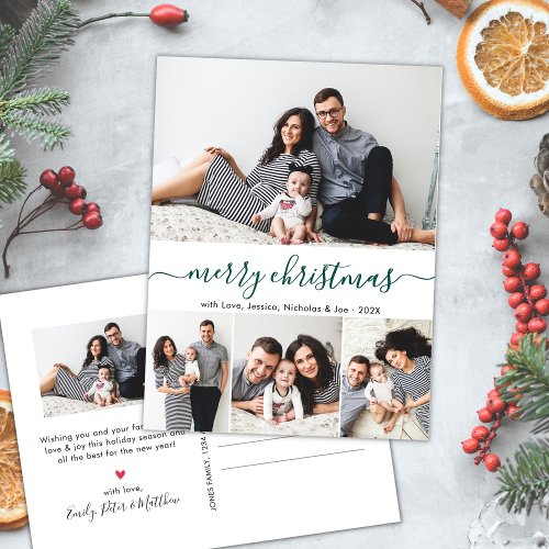 Stylish Script 4 Photo Collage Christmas Holiday Postcard