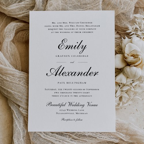 Stylish Script Black White Wedding Invitation