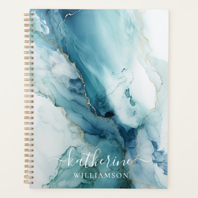 Stylish Script Blue&Gold Marble Custom Name Planner (Front)