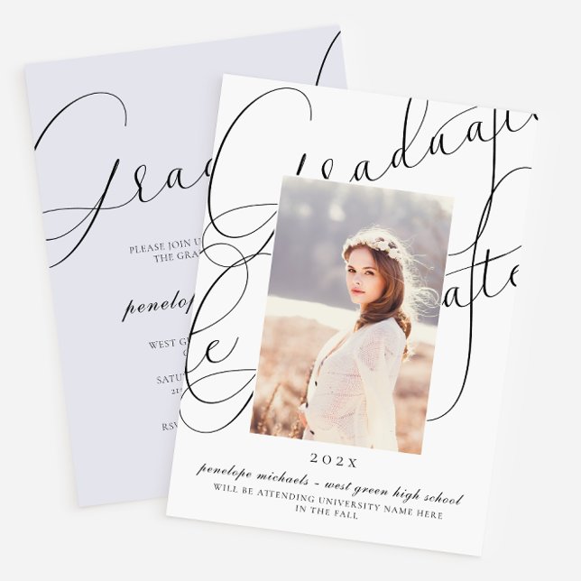 Stylish Script Blue Gray Photo Graduation Party Invitation (Creator Uploaded)