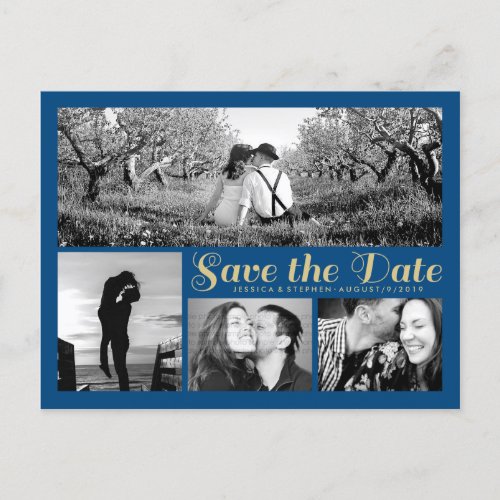 Stylish Script Blue Save The Date Collage Postcard