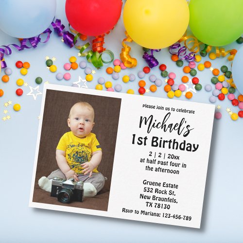 stylish script  boy 1st birthday photo invitation