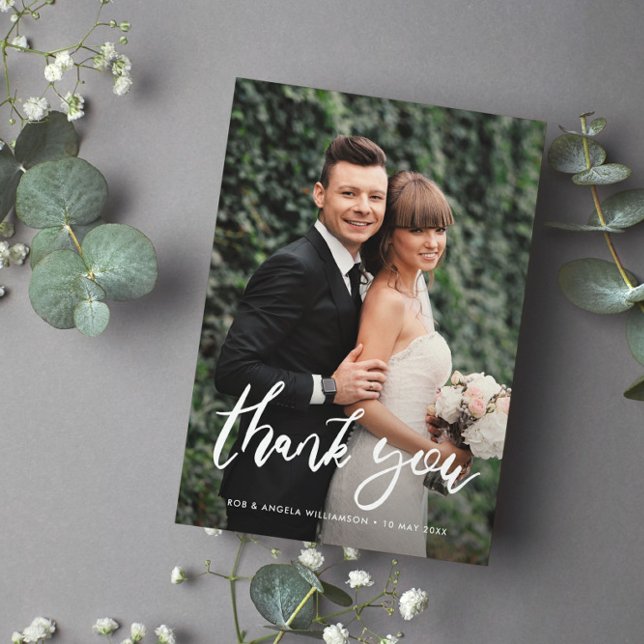 Stylish script bride & groom photo overlay wedding thank you card (Creator Uploaded)