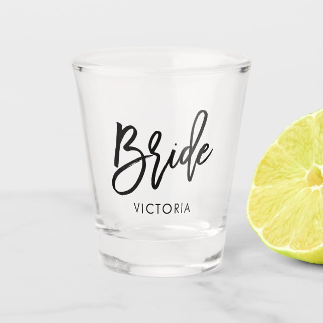 Stylish Script "Bride" Personalized Shot Glass (Front)