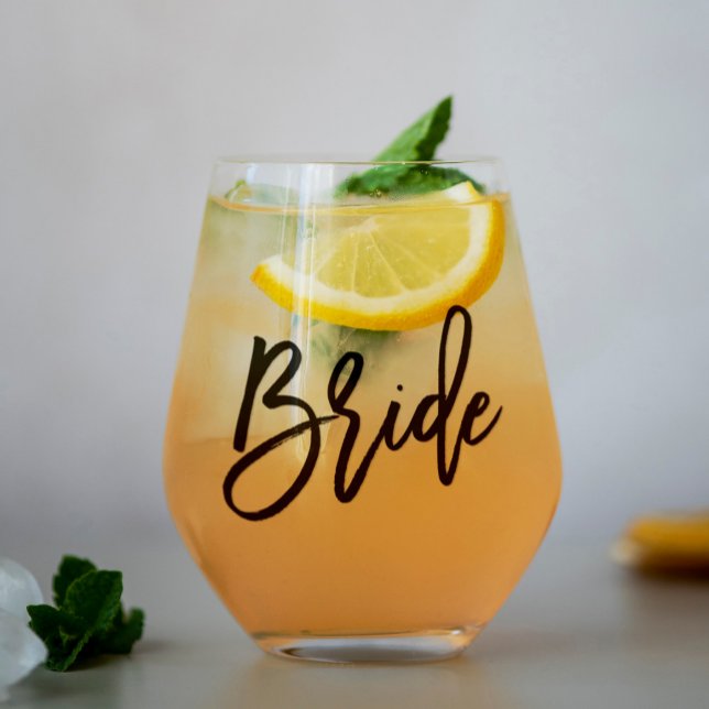 Stylish Script "Bride" Personalized Stemless Wine Glass (Creator Uploaded)
