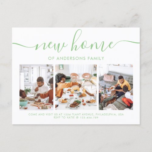 Stylish Script Calligraphy 3 Photo New Home Moving Announcement Postcard