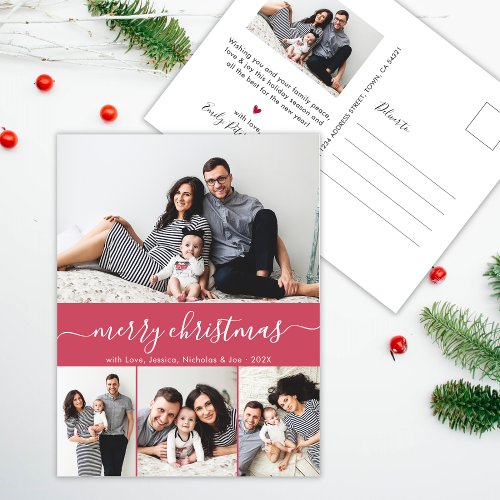 Stylish Script Collage Family Photo Red Christmas Postcard