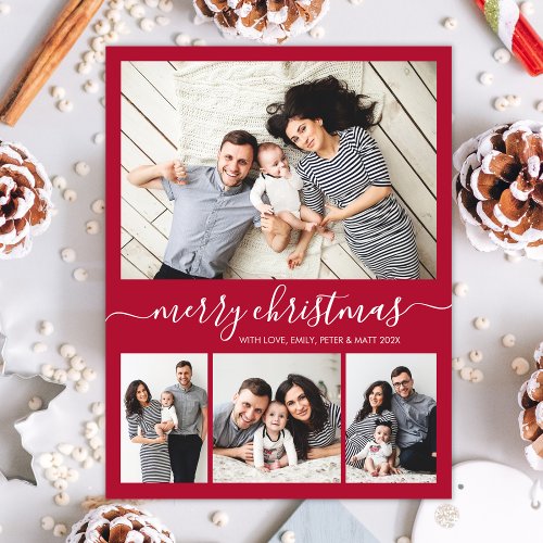 Stylish Script Collage Family Photo Red Christmas Postcard