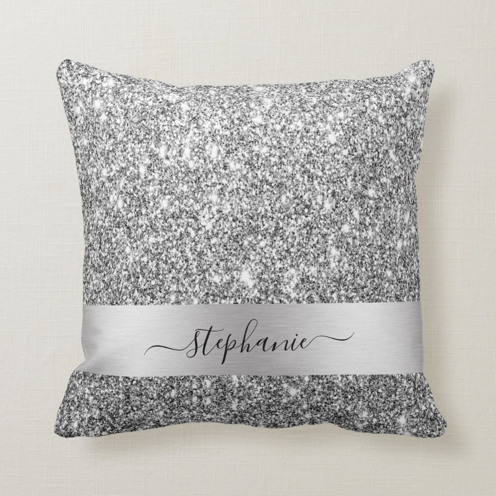 Stylish Script Custom Name Silver Glitter Luxury Throw Pillows for fathers