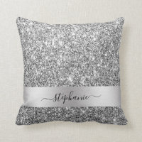 Stylish Script Custom Name  Silver Glitter Luxury Throw Pillow