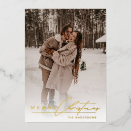 Stylish Script Elegant Photo Red Merry Christmas Foil Holiday Card