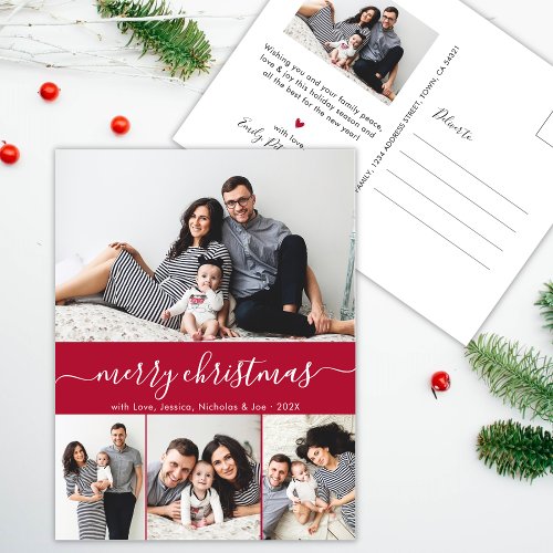 Stylish Script Family Photo Collage Red Christmas Postcard