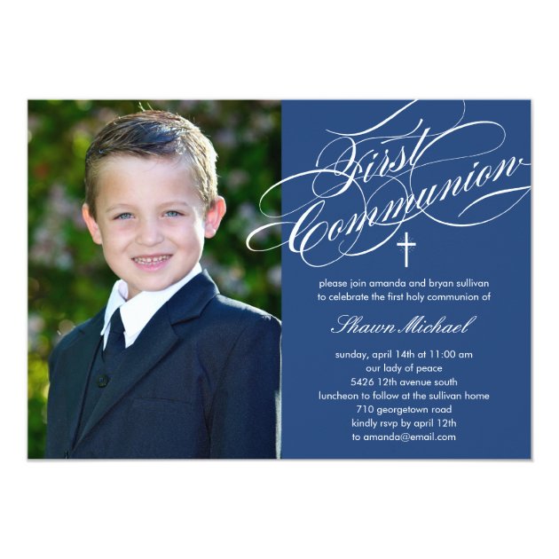Stylish Script First Communion Invitation - Blue