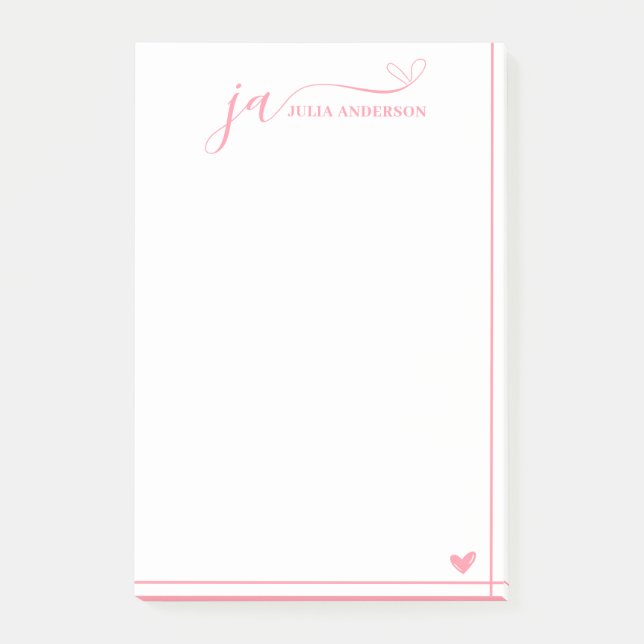 Stylish Script Font Monogram White & Pink Post-it Notes (Front)