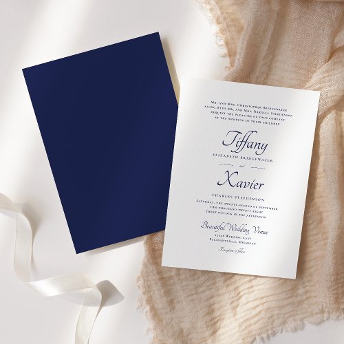 Stylish Script Formal Navy Blue Wedding Invitation