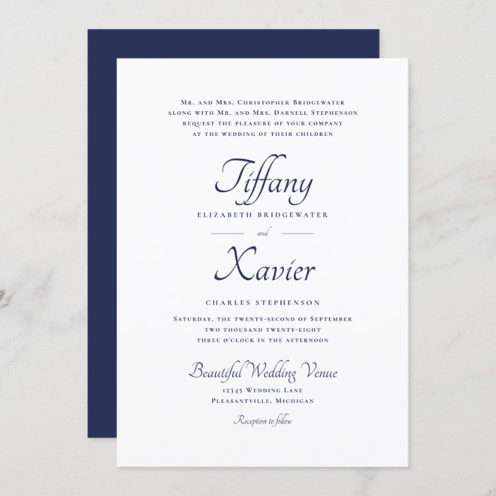 Stylish Script Formal Navy Blue Wedding Invitation | Zazzle.com