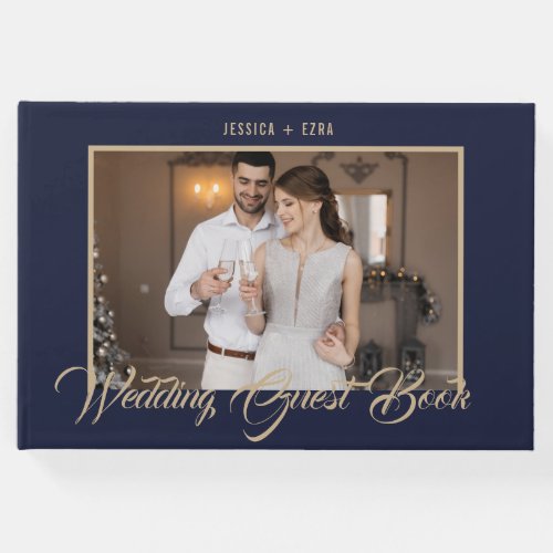 Stylish Script Gold and Blue  Photo Guest Book