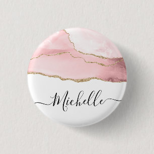 stylish script gold and blush agate personalized button