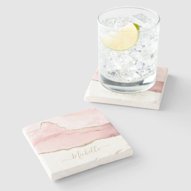 stylish script gold and blush agate stone coaster (Side)