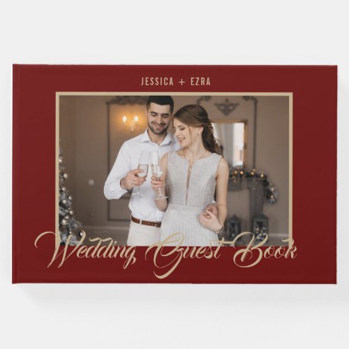 Stylish Script Gold and Burgundy  Photo Guest Book