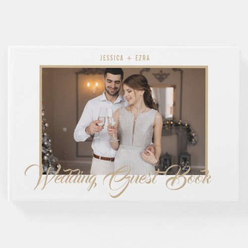 Stylish Script Gold and White  Photo Guest Book