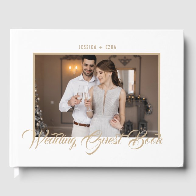 Stylish Script Gold and White | Photo Guest Book (Front)